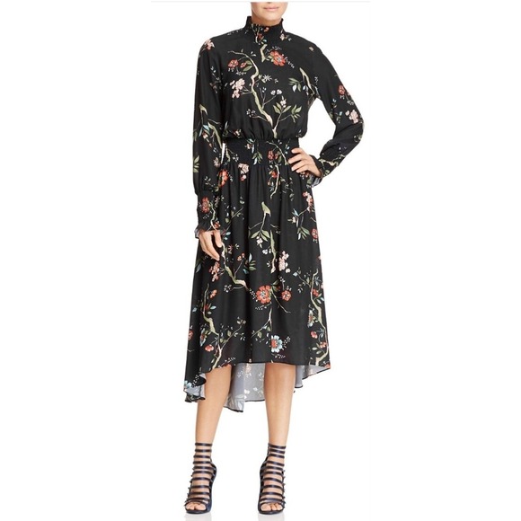 NWT Nanette Lepore Smocked Dress size 10 High Low Black Floral Mock Neck - Picture 1 of 16